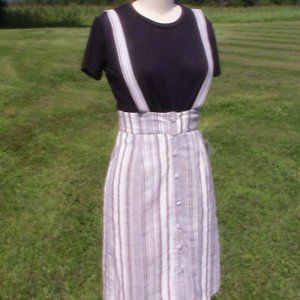 Lulu's Suspend Time Grey and White Striped Suspender Midi Skirt